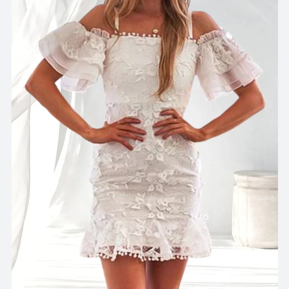 Twosisters The Label White Beatrice Lace Off Shoulder Mini Dress